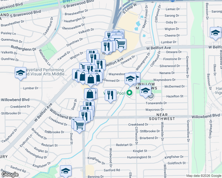 map of restaurants, bars, coffee shops, grocery stores, and more near 4834 Knickerbocker Street in Houston