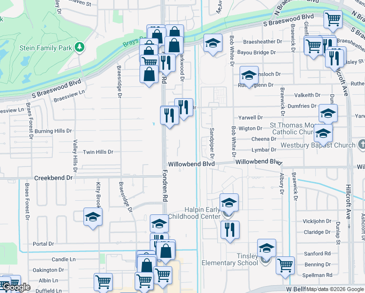 map of restaurants, bars, coffee shops, grocery stores, and more near 10555 Fondren Road in Houston