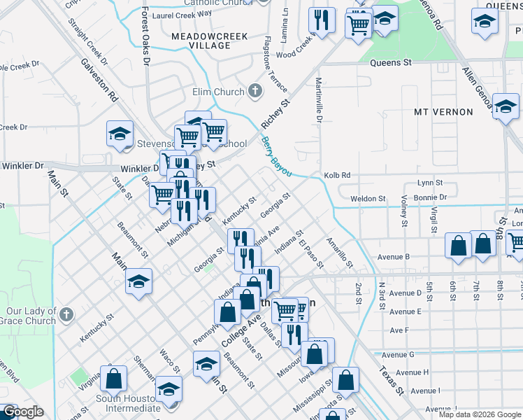 map of restaurants, bars, coffee shops, grocery stores, and more near 302 Kentucky Street in South Houston