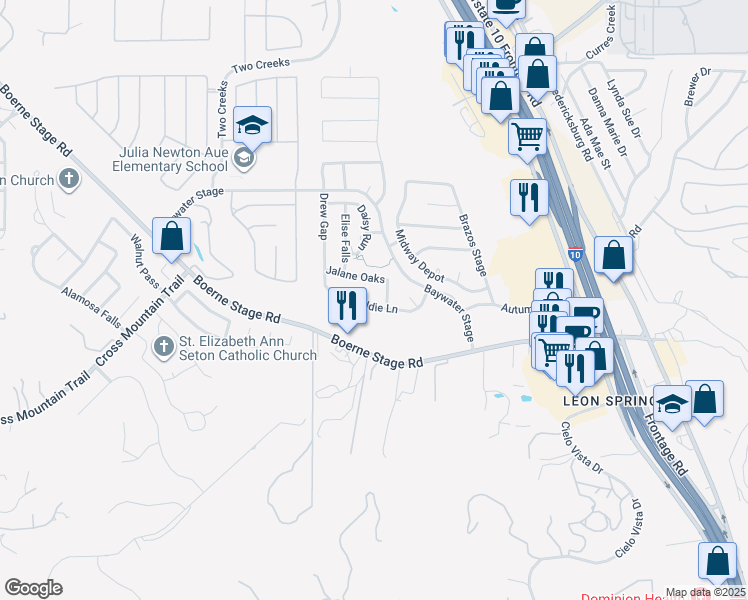 map of restaurants, bars, coffee shops, grocery stores, and more near 8010 Jalane Oaks in San Antonio