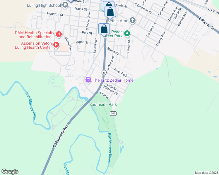 map of restaurants, bars, coffee shops, grocery stores, and more near 893 Texas 80 in Luling