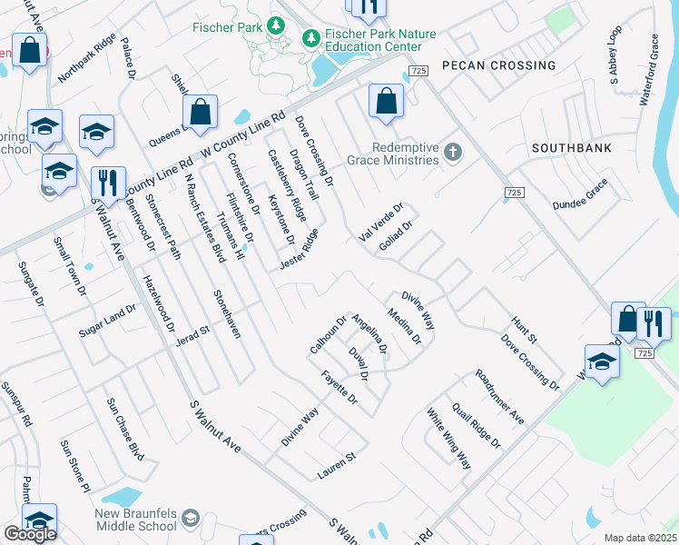 map of restaurants, bars, coffee shops, grocery stores, and more near 480 San Jacinto Drive in New Braunfels