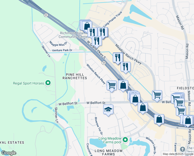map of restaurants, bars, coffee shops, grocery stores, and more near 21107 Gladys Yoakum Drive in Richmond