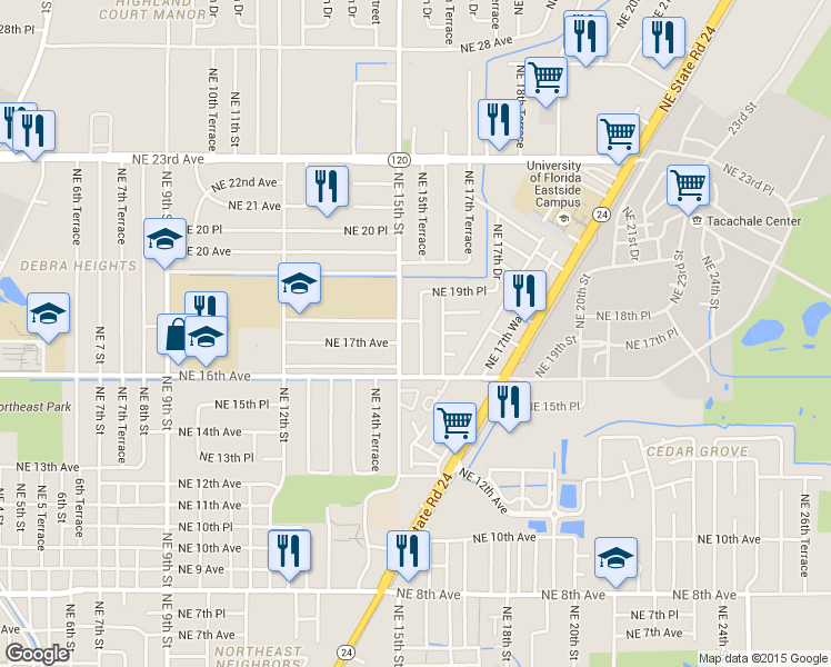map of restaurants, bars, coffee shops, grocery stores, and more near 1802 Northeast 15th Terrace in Gainesville