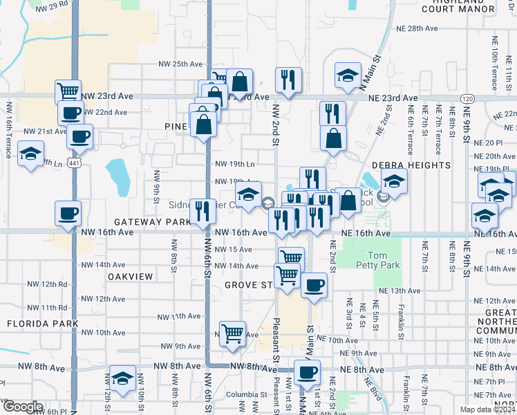map of restaurants, bars, coffee shops, grocery stores, and more near 312 Northwest 16th Avenue in Gainesville