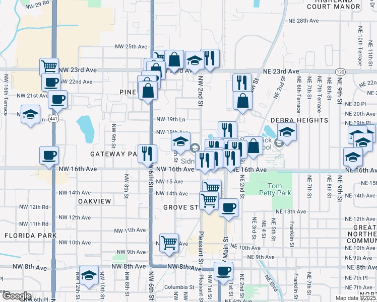 map of restaurants, bars, coffee shops, grocery stores, and more near 312 Northwest 16th Avenue in Gainesville