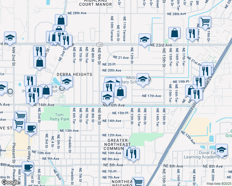 map of restaurants, bars, coffee shops, grocery stores, and more near 1000 Northeast 16th Avenue in Gainesville