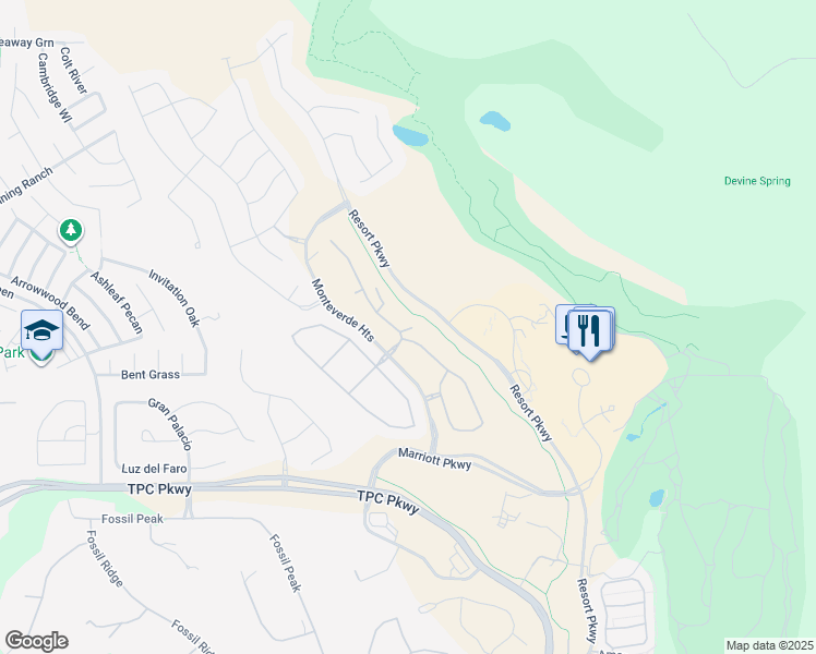 map of restaurants, bars, coffee shops, grocery stores, and more near 172 Resort Parkway in San Antonio