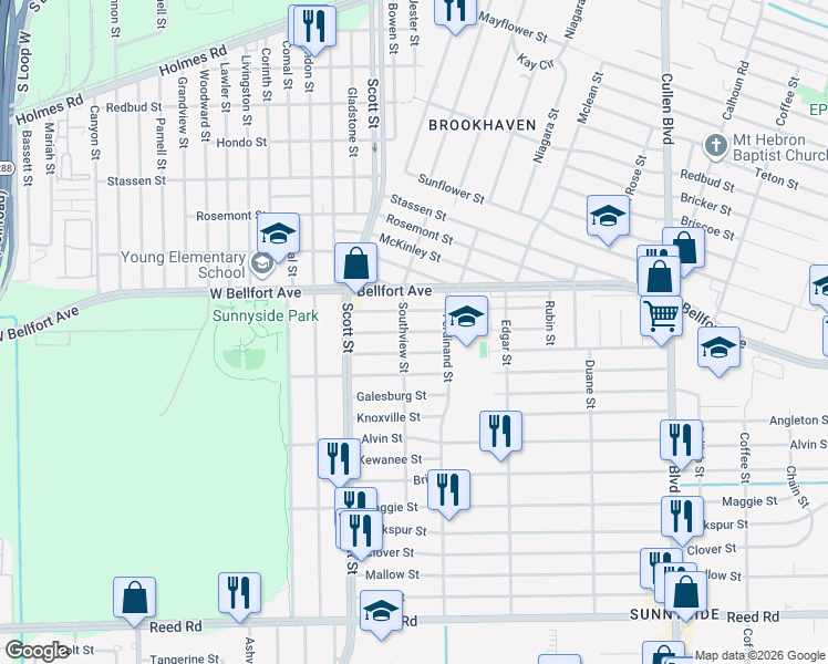 map of restaurants, bars, coffee shops, grocery stores, and more near 4204 Sterling Street in Houston