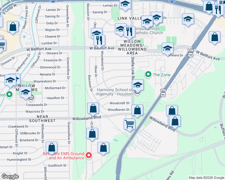 map of restaurants, bars, coffee shops, grocery stores, and more near 4045 Woodfox Street in Houston