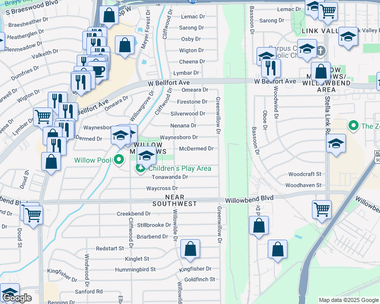 map of restaurants, bars, coffee shops, grocery stores, and more near 4402 McDermed Drive in Houston
