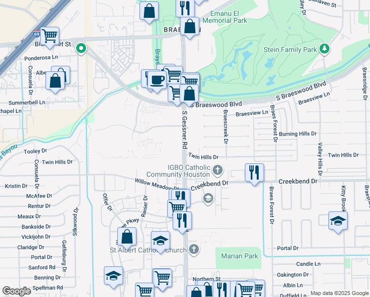 map of restaurants, bars, coffee shops, grocery stores, and more near 10209 South Gessner Road in Houston