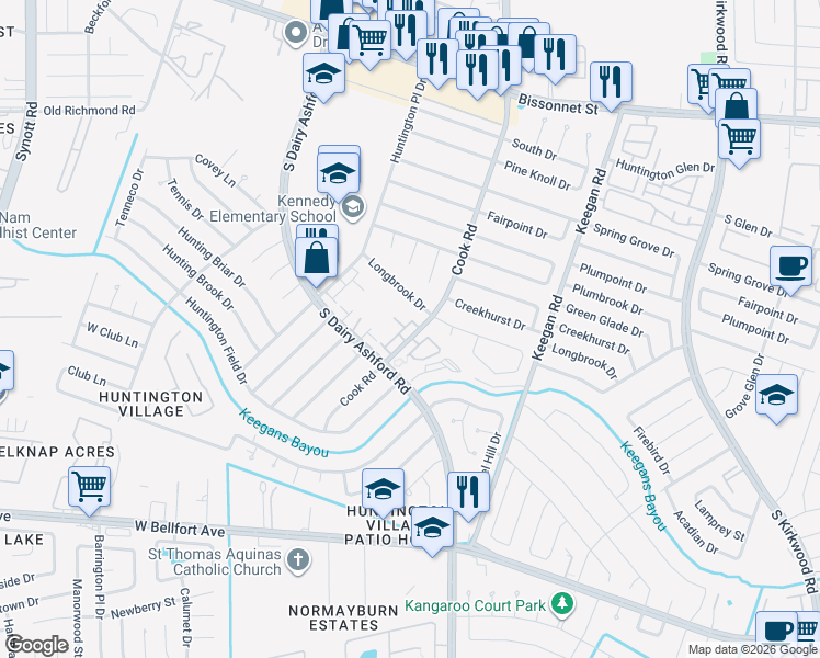 map of restaurants, bars, coffee shops, grocery stores, and more near 12315 Longbrook Drive in Houston