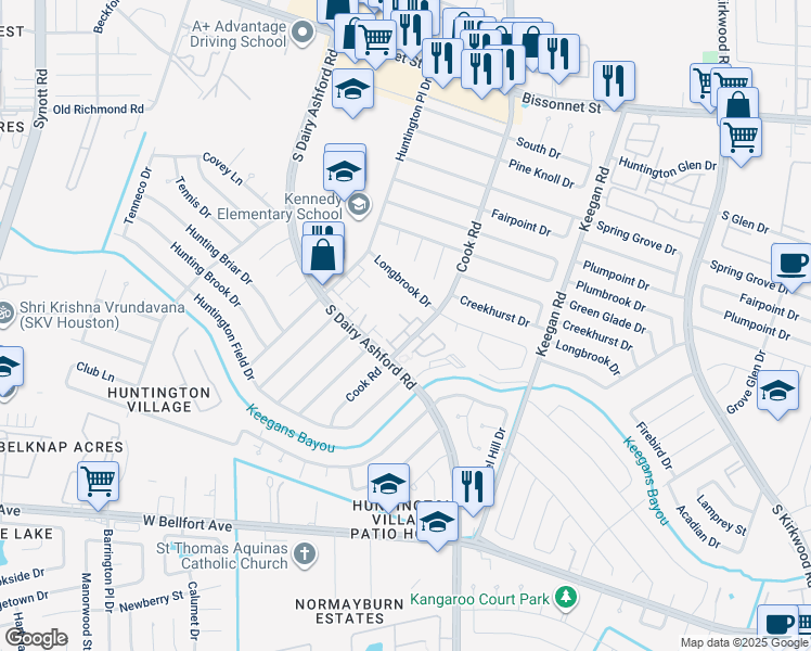 map of restaurants, bars, coffee shops, grocery stores, and more near 12315 Longbrook Drive in Houston