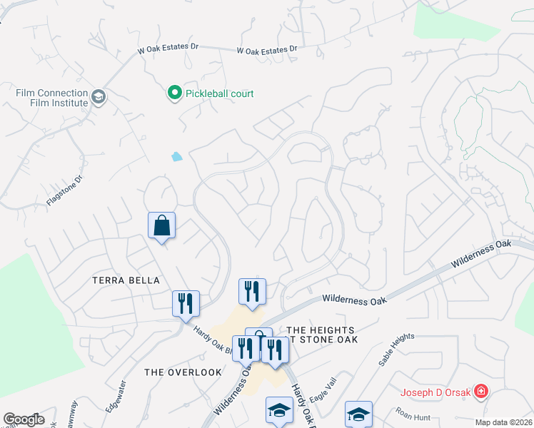 map of restaurants, bars, coffee shops, grocery stores, and more near 23503 Enchanted Fall in San Antonio