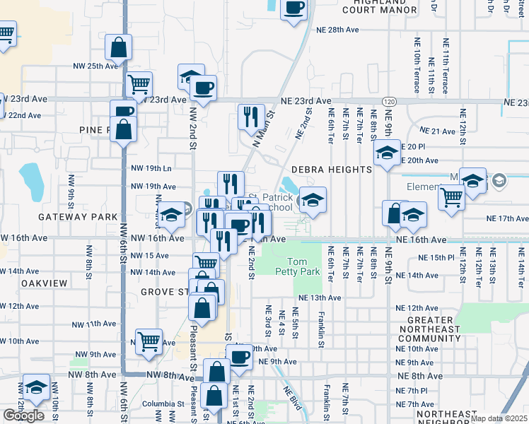 map of restaurants, bars, coffee shops, grocery stores, and more near 1739 North Main Street in Gainesville