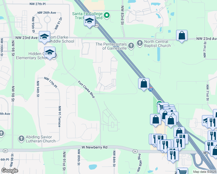 map of restaurants, bars, coffee shops, grocery stores, and more near Fort Clarke Boulevard in Gainesville