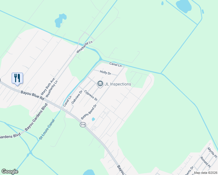 map of restaurants, bars, coffee shops, grocery stores, and more near 212 Bayou Bend Drive in Houma