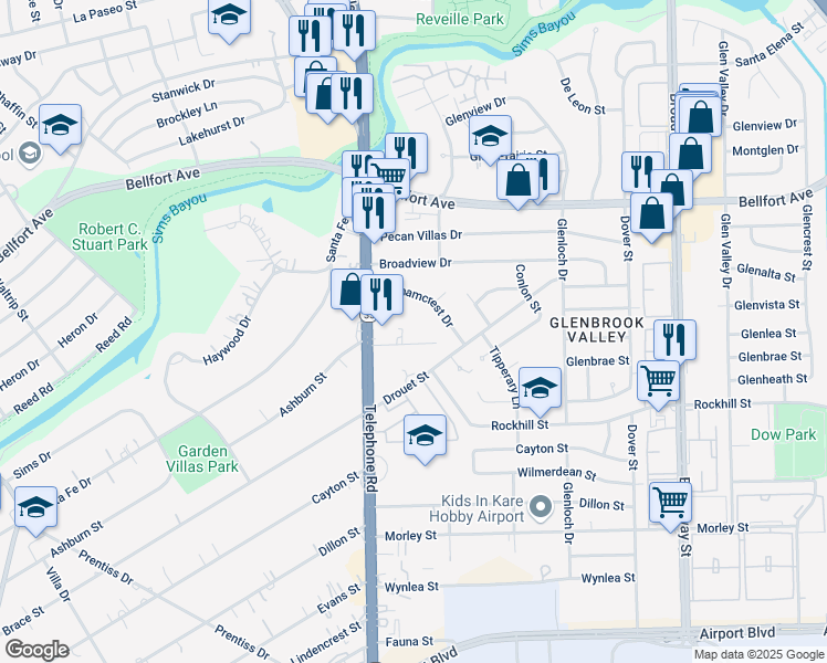 map of restaurants, bars, coffee shops, grocery stores, and more near 115 Covern Street in Houston
