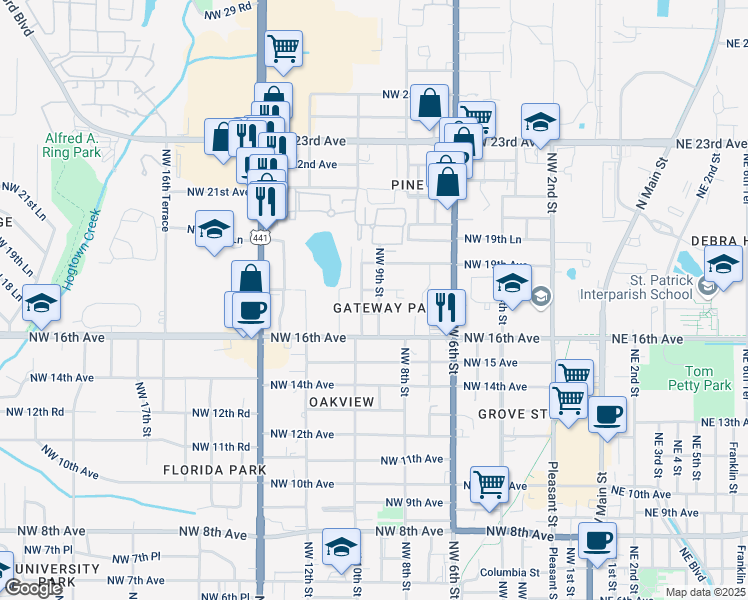 map of restaurants, bars, coffee shops, grocery stores, and more near 1800 Northwest 10th Street in Gainesville