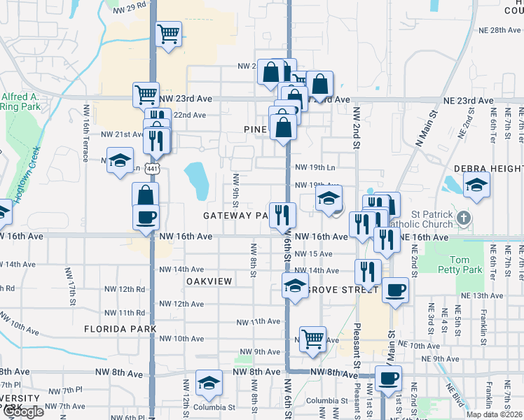 map of restaurants, bars, coffee shops, grocery stores, and more near 1804 Northwest 7 Street in Gainesville