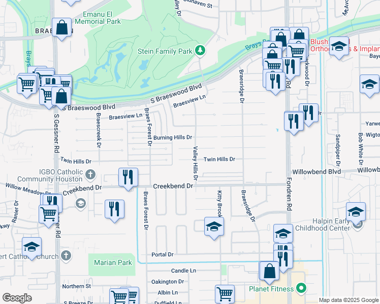 map of restaurants, bars, coffee shops, grocery stores, and more near 7910 Braes Meadow Drive in Houston