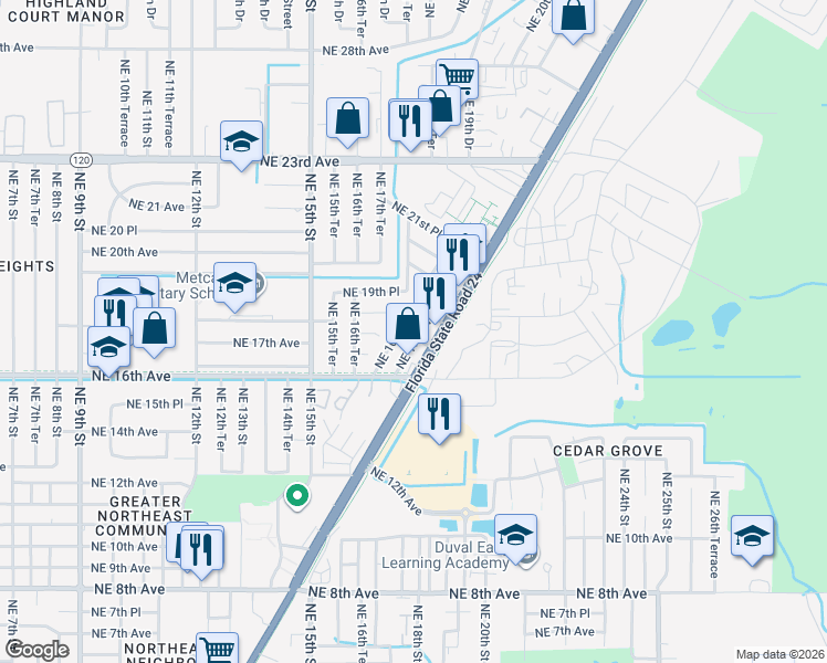 map of restaurants, bars, coffee shops, grocery stores, and more near 1815 Northeast 16th Way in Gainesville