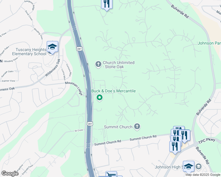 map of restaurants, bars, coffee shops, grocery stores, and more near 21 Sendero Verde Drive in San Antonio
