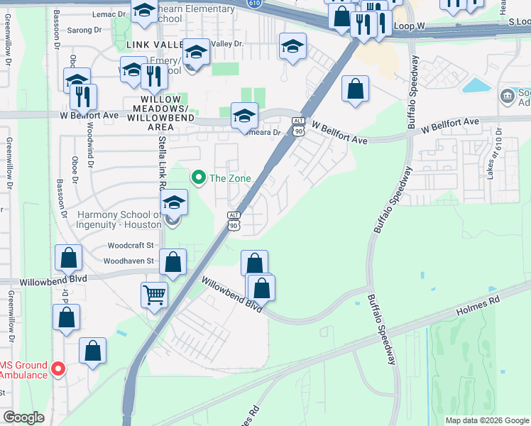 map of restaurants, bars, coffee shops, grocery stores, and more near 10722 Clearview Villa Place in Houston