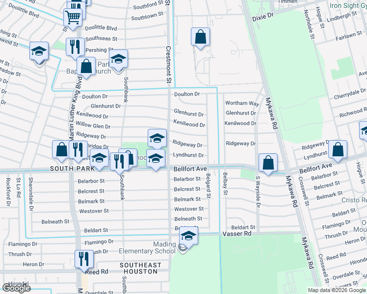 map of restaurants, bars, coffee shops, grocery stores, and more near 6011 Ridgeway Drive in Houston