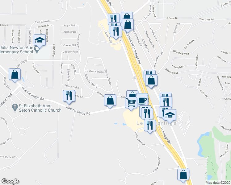map of restaurants, bars, coffee shops, grocery stores, and more near 24306 Brazos Stage in San Antonio