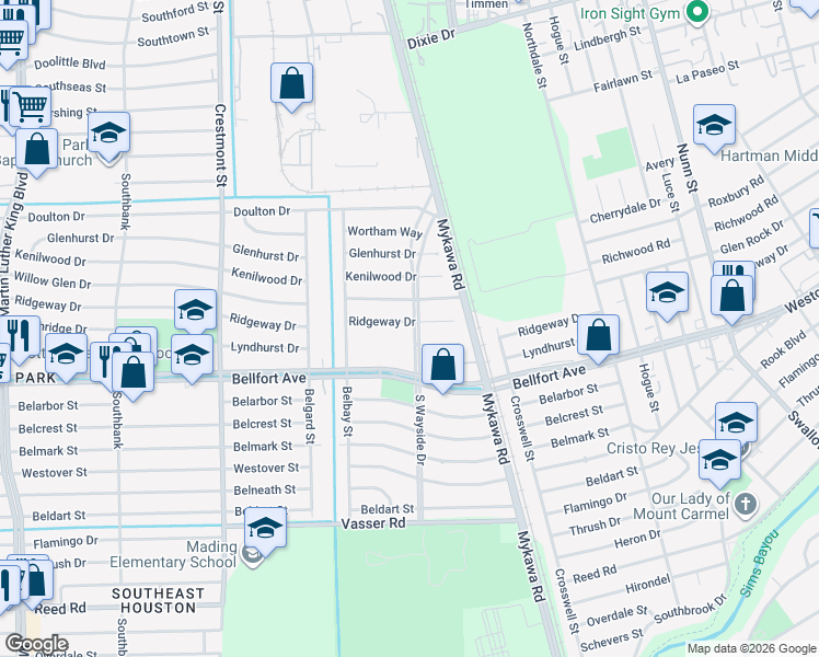 map of restaurants, bars, coffee shops, grocery stores, and more near 6135 Ridgeway Drive in Houston