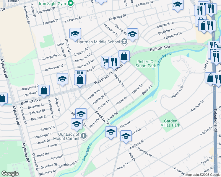 map of restaurants, bars, coffee shops, grocery stores, and more near 7040 Rook Boulevard in Houston