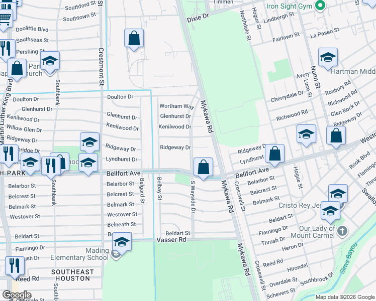 map of restaurants, bars, coffee shops, grocery stores, and more near 6135 Ridgeway Drive in Houston