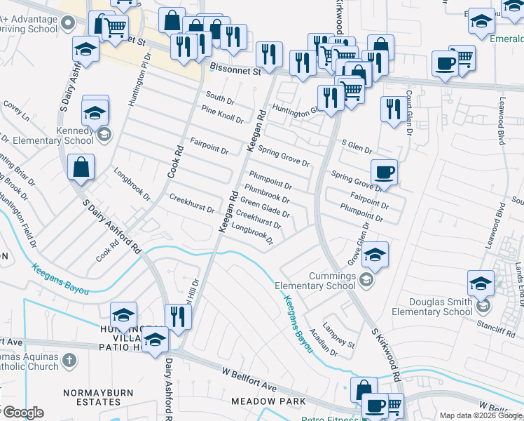 map of restaurants, bars, coffee shops, grocery stores, and more near 12042 Green Glade Drive in Houston