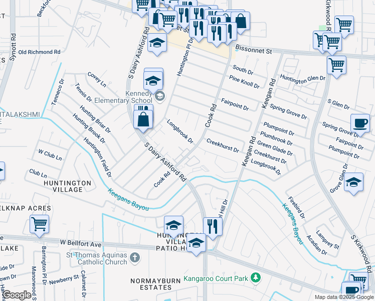 map of restaurants, bars, coffee shops, grocery stores, and more near 12315 Longbrook Drive in Houston