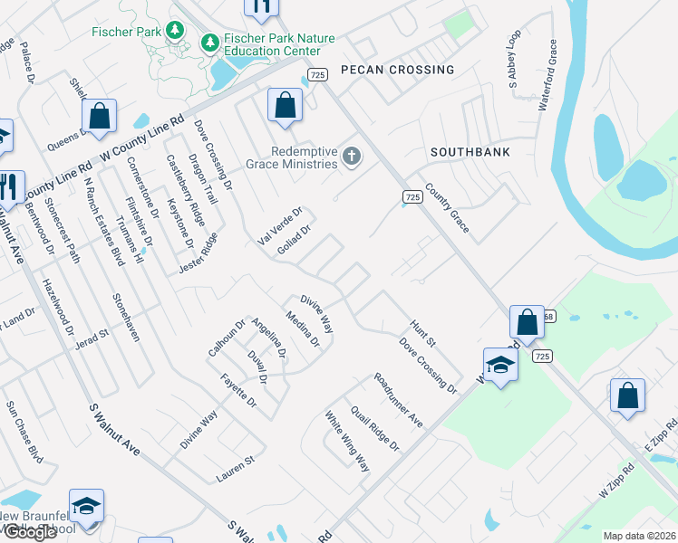 map of restaurants, bars, coffee shops, grocery stores, and more near 220 San Saba Drive in New Braunfels