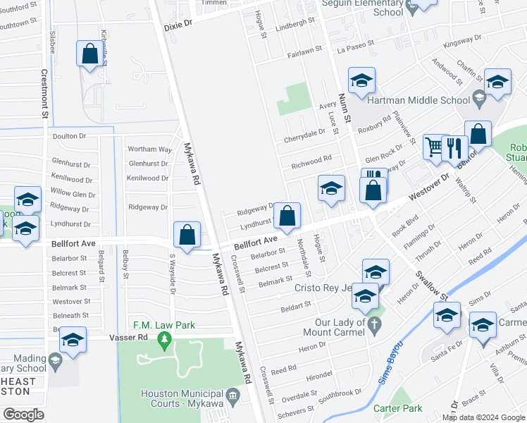 map of restaurants, bars, coffee shops, grocery stores, and more near 6410 Ridgeway Drive in Houston