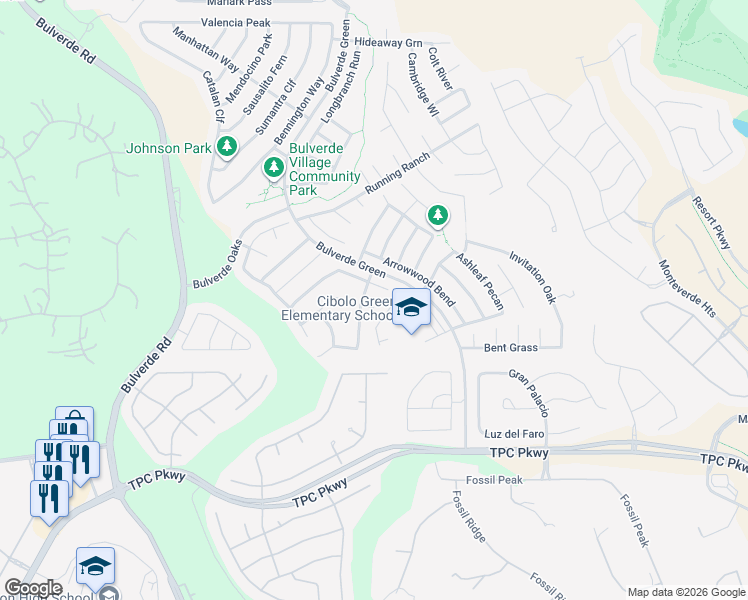 map of restaurants, bars, coffee shops, grocery stores, and more near 3706 Longhorn Creek in San Antonio