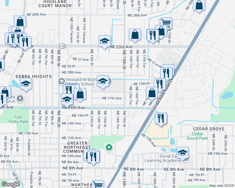 map of restaurants, bars, coffee shops, grocery stores, and more near 1431 Northeast 18th Avenue in Gainesville