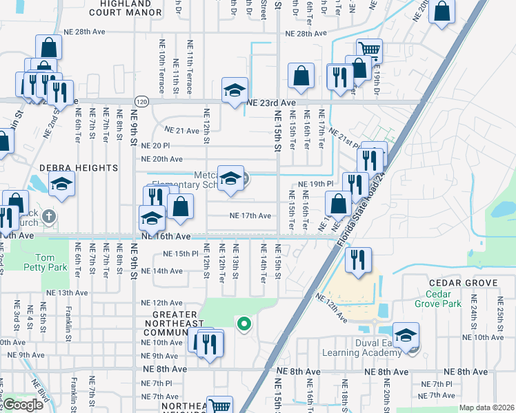 map of restaurants, bars, coffee shops, grocery stores, and more near 1431 Northeast 18th Avenue in Gainesville