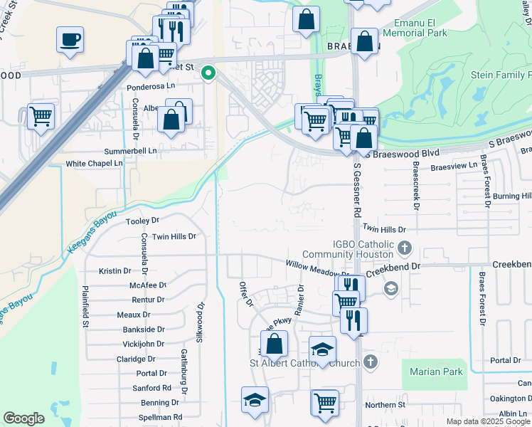 map of restaurants, bars, coffee shops, grocery stores, and more near 12220 Sapling Way in Houston