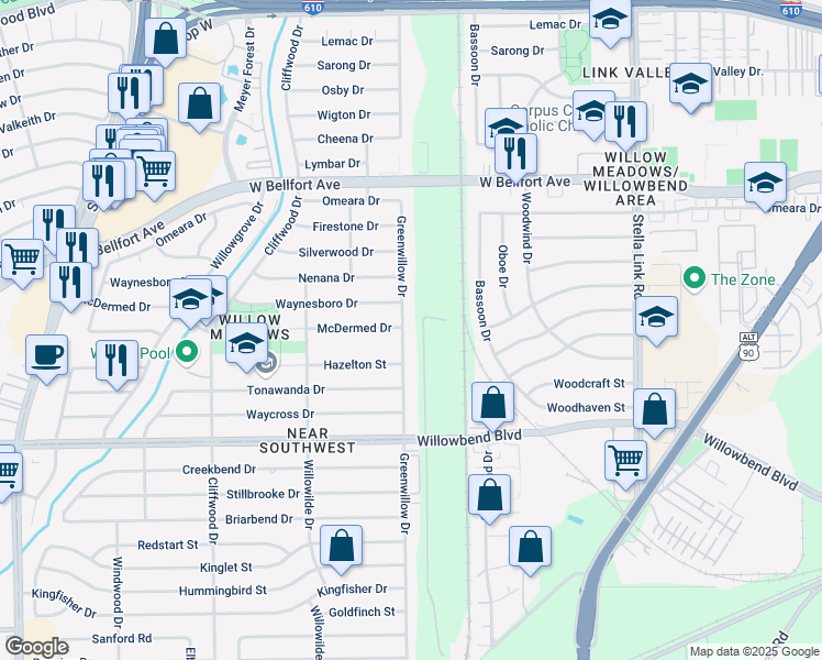 map of restaurants, bars, coffee shops, grocery stores, and more near 10411 Greenwillow Street in Houston