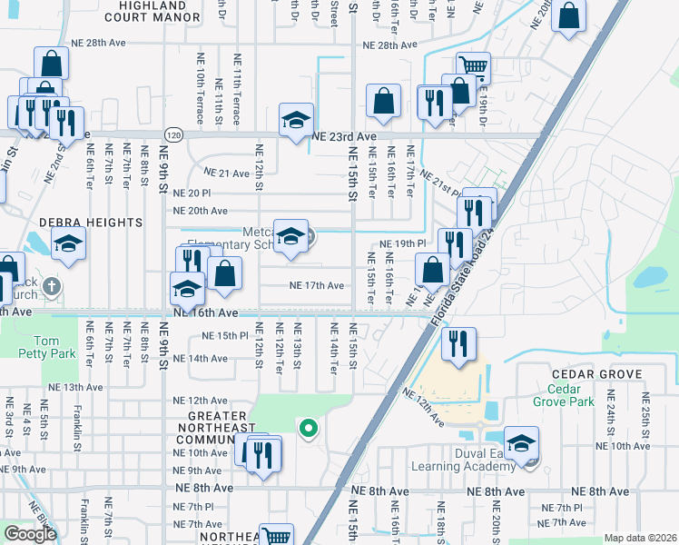map of restaurants, bars, coffee shops, grocery stores, and more near 1431 Northeast 18th Avenue in Gainesville