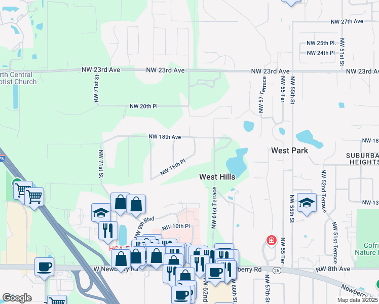 map of restaurants, bars, coffee shops, grocery stores, and more near 1712 Northwest 63rd Street in Gainesville