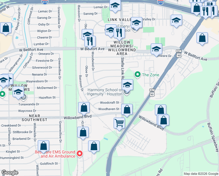 map of restaurants, bars, coffee shops, grocery stores, and more near 4045 Woodfox Street in Houston