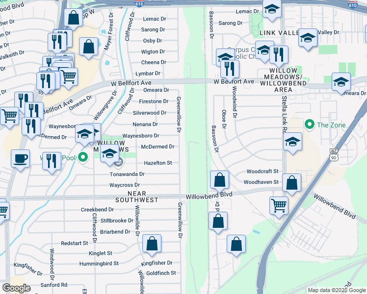 map of restaurants, bars, coffee shops, grocery stores, and more near 10411 Greenwillow Street in Houston