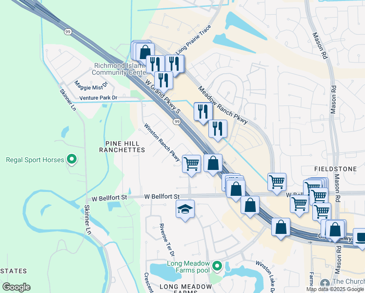 map of restaurants, bars, coffee shops, grocery stores, and more near 7411 Lone Star Junction Street in Richmond