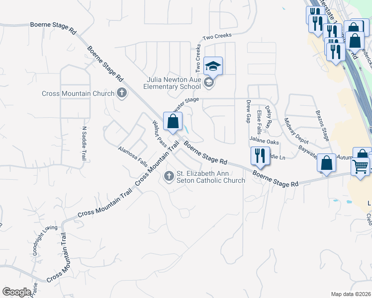 map of restaurants, bars, coffee shops, grocery stores, and more near 8343 Bordeaux Bay in San Antonio