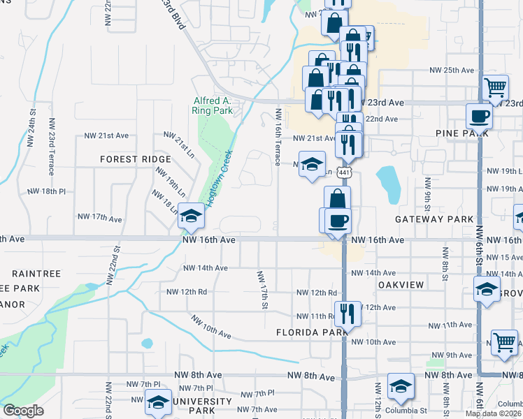 map of restaurants, bars, coffee shops, grocery stores, and more near 1702 Northwest 17 Lane in Gainesville